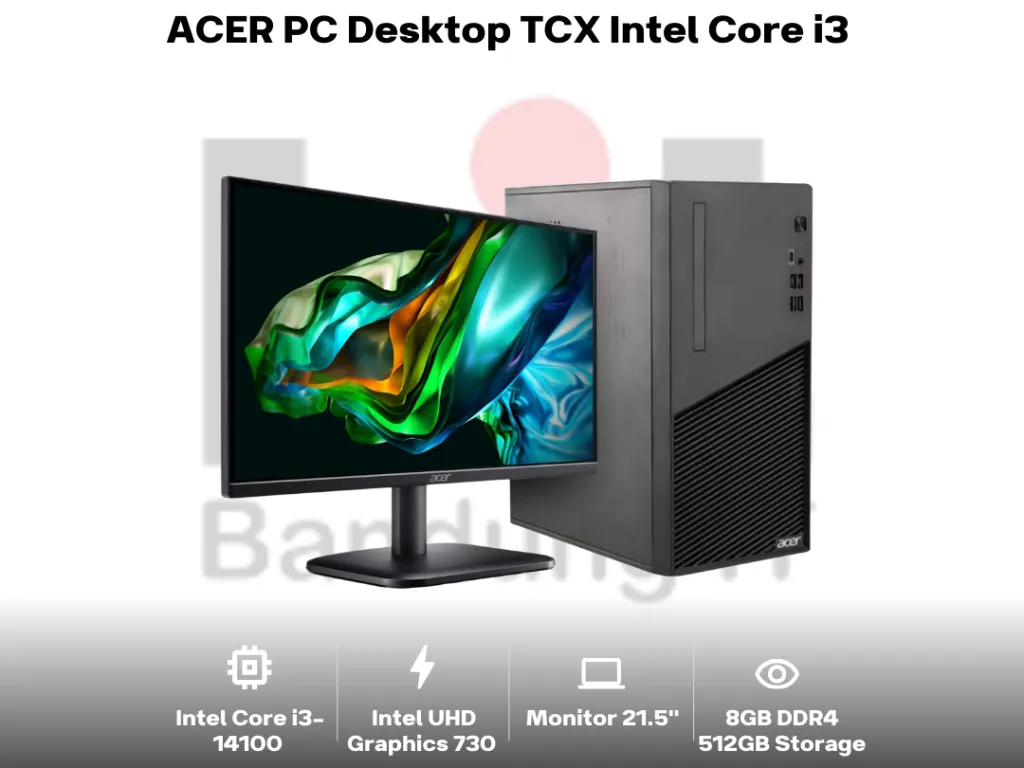 ACER PC Desktop TCX Intel Core i3 14100 H610 8/512GB SSD Windows 11 OHS + Monitor LED 21.5" inch | iklanova.com