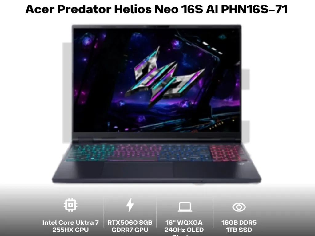 Acer Predator Helios Neo 16S AI PHN16S-71 Core Ultra 7 255HX RTX5060 16GB 1TB 16" WQXGA OLED 240Hz 4-Zone RGB Key | iklanova.com