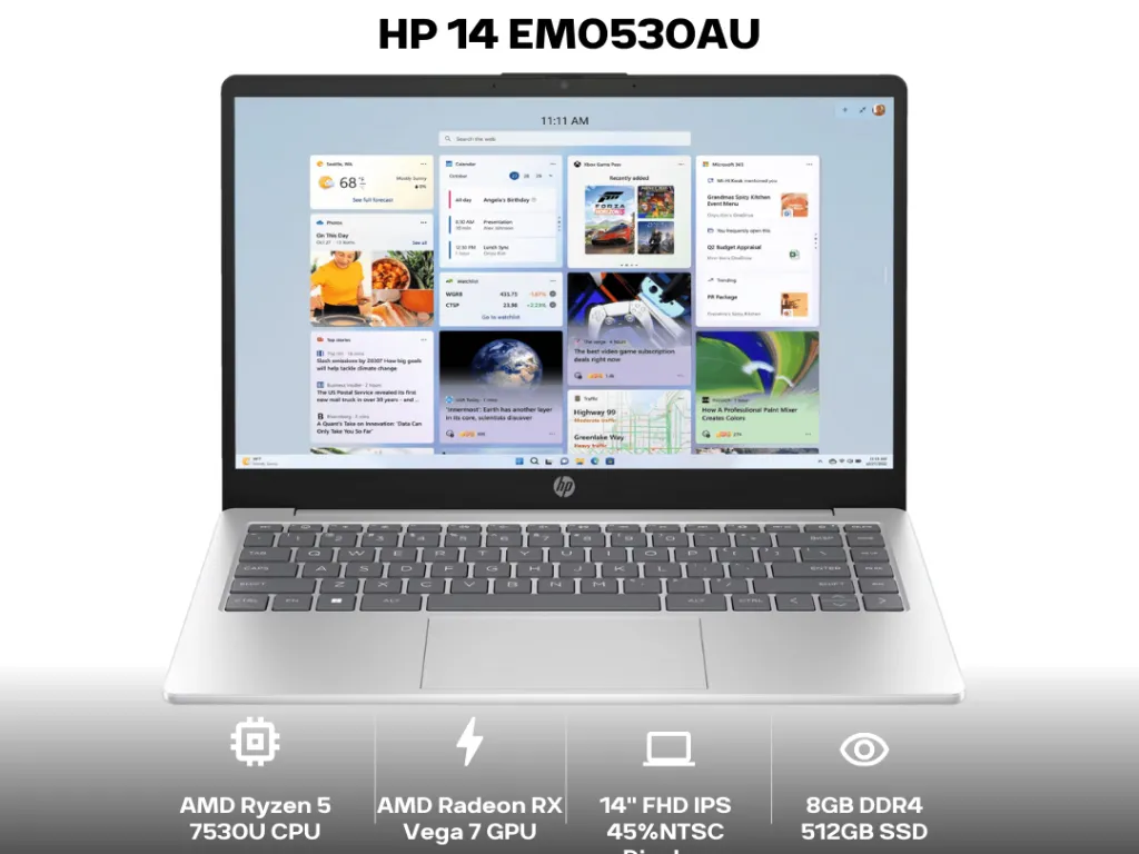 HP 14 EM0530AU AMD Ryzen 5 7530U 8GB 512GB 14" FHD IPS Micro-edge Anti-glare 45% NTSC | iklanova.com