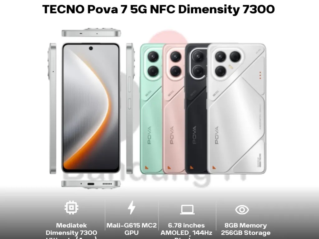 TECNO Pova Curved 5G NFC Dimensity 7300 Ultimate 8GB 256GB 6.78 Inch FHD+ AMOLED 144Hz Android 15 64MP Dual Camera | iklanova.com